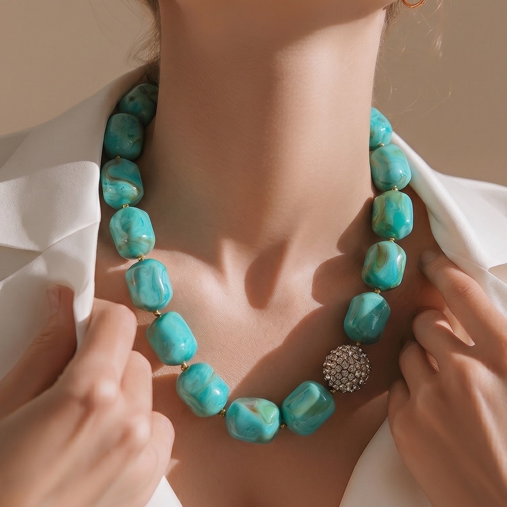 Lee Angel Turquoise Marbled Resin Chunky Bead Necklace Crystal Pave Statement